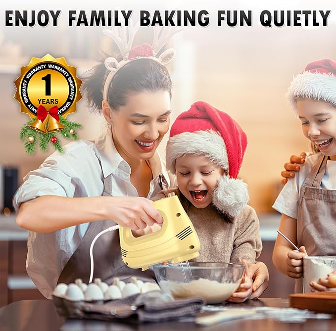Electric Hand Mixer with Stainless Steel Whisk, Dough Hook Attachment and Storage Bag, Handheld Mixer for Baking Cakes, Eggs, Cream Food Mixers. Turbo Boost /5 Speed Kitchen Blender Yellow