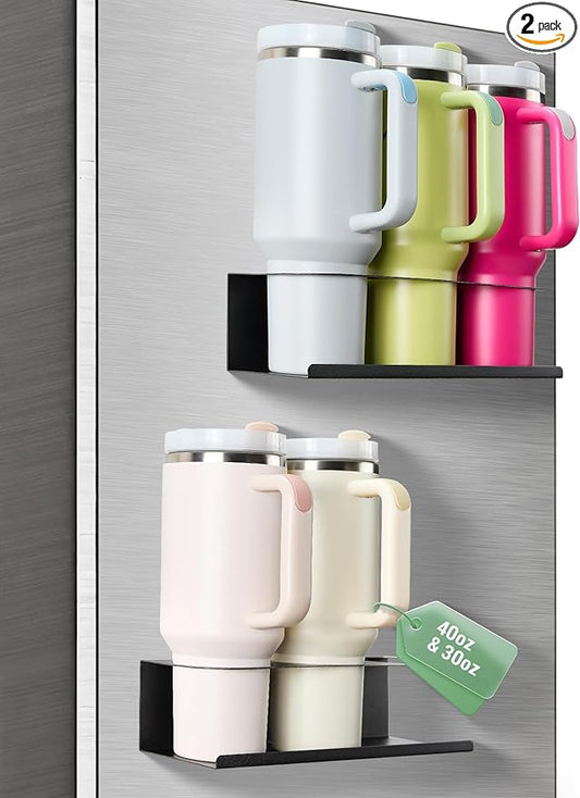 2 Pack Magnetic Stanley Cup Holder for Fridge, Water Bottle Organizer for Tumbler with Double Sided Tape Hold Stanley Cup Accessories for Kitchen Cabinet Wall