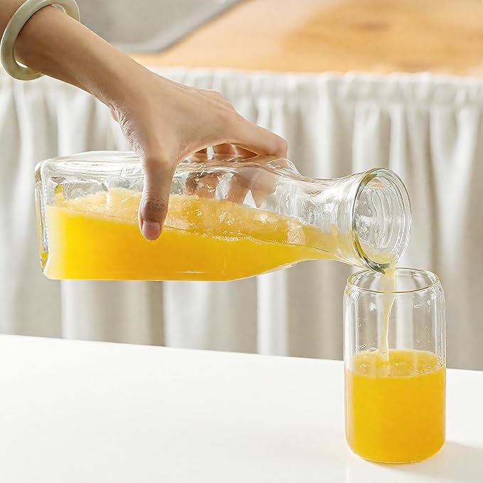 Glass Carafe with Bamboo Lid, Square 35 Oz Beverage Dispensers Carafe, Mimosa Bar Supplies, Clear Glass Pitcher with Name Labels for Iced Tea, Coffee, Juice(Set of 2)