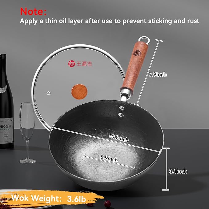 WANGYUANJI Cast Iron Wok Pan with Lid, 10.2 Inch Small Flat Bottom Stir Fry Skillet, Uncoated Traditional Chinese Iron Pot for 1-2 People, Compatible with Induction & Gas Stoves