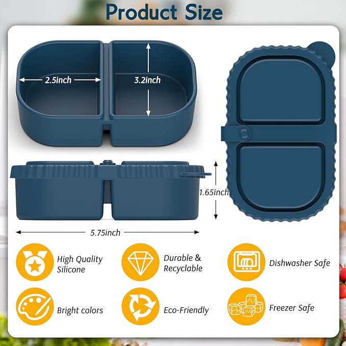 6 Pack Reusable Silicone Snack Containers with Lids, 2 Compartment Leakproof Food Storage Containers, BPA-Free Portable Snack Boxes for Lunch, School, Adults