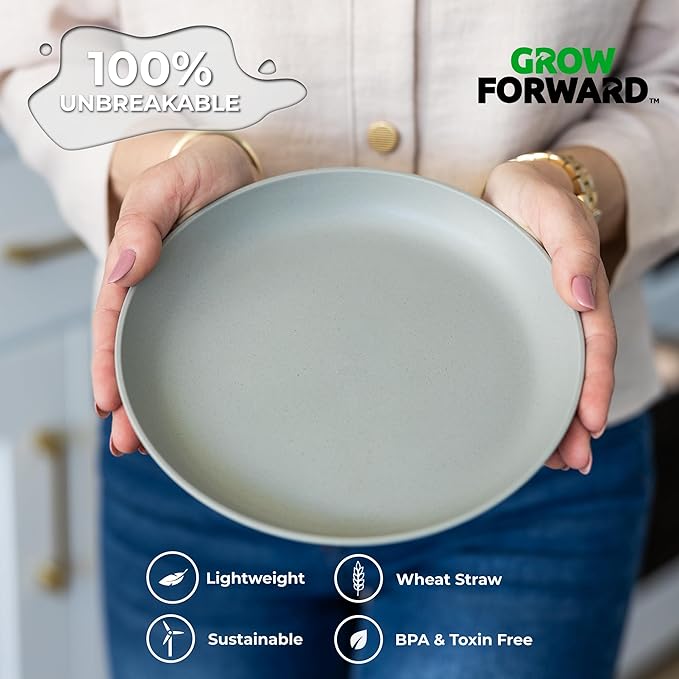 Grow Forward Premium Wheat Straw Plates - 8 Inch Reusable Hard Plastic Dinner Plates Set of 8 - Unbreakable Microwave Safe Plates for Dessert, Camping, RV, Outdoors, Patio, Kitchen Dishes - Feather