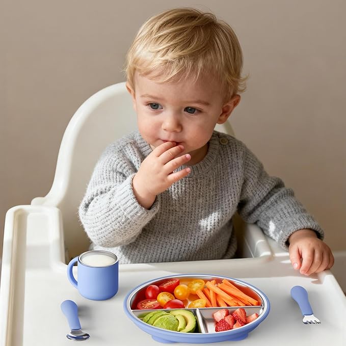 8" Stainless Steel Toddler Plates with Suction, Divided Plates with Removable Silicone Sleeves for Baby, Non Toxic & BPA Free |Unbreakable |Dishwasher Safe Dinnerware Set of 3, Blue Gray Sage