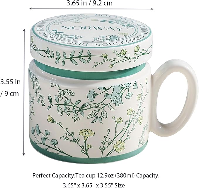 12.9oz Ceramic Coffee Mug with Lid,Flower Patterned Porcelain Mug,Ceramic Tea Cup Coffee Latte Mug for Office and Home,Green,1 Piece