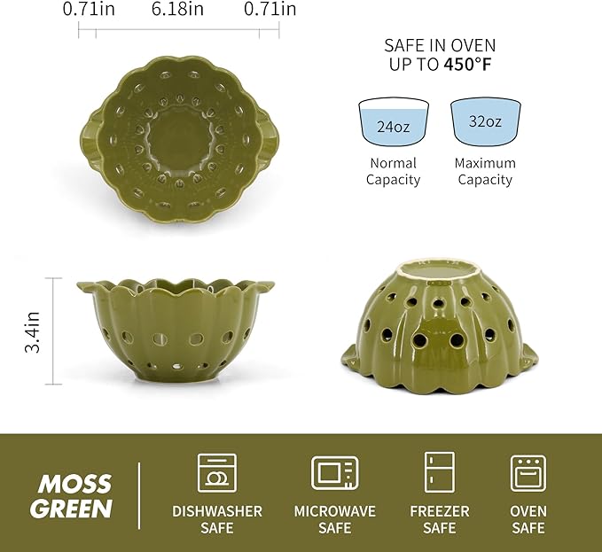 6" Scallop Ceramic Berry Basket with Handles,Round Colorful Stoneware Colander, Small Fruit Container for Strawberry & Kitchen Counter,Moss Green
