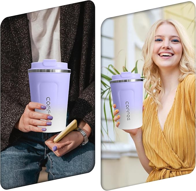 Travel Coffee Mug Leak-Proof, Reusable Coffee Cups with Lid, Stainless Steel Vacuum Insulated Coffee Tumblers, Thermal Insulation Cup for Men & Women Hot & Cold Drinks(2nd-Purple White, 12OZ)