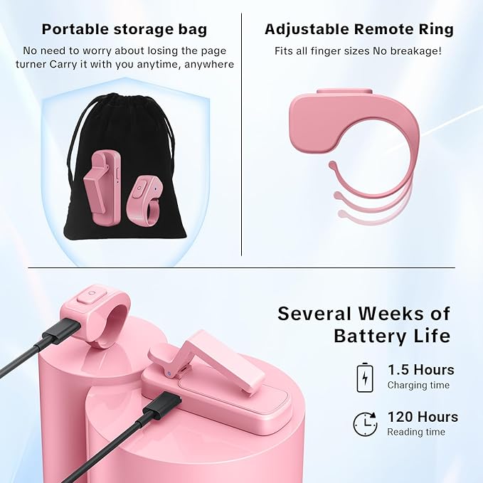 Remote Page Turner Ring for Kindle Paperwhite Oasis Scribe Kobo,Designed for Thick Cases Clicker Page Turner Camera Remote for iPhone iPad Android Tablets Reading Novels Comics with Storage Bag-Pink