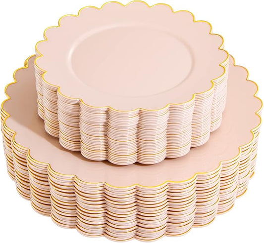 LIYH 60 Pcs Pink Plastic Plates with Gold Pink Plates Disposable Plate Includes 30 Dinner 10.25" and 30 Dessert Plate 7.5" for Easter,Baby Shower,Weddings,Parties,Birthday