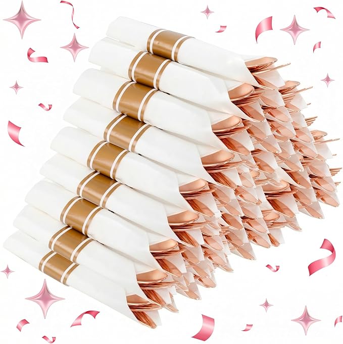Supernal 240Pcs Rose Gold Plastic Silverware Set with Napkins - Pre Rolled Disposable Cutlery (60 Forks, 60 Knives, 60 Spoons) - Heavy Duty Utensils for Wedding, Bridal Shower & Elegant Parties