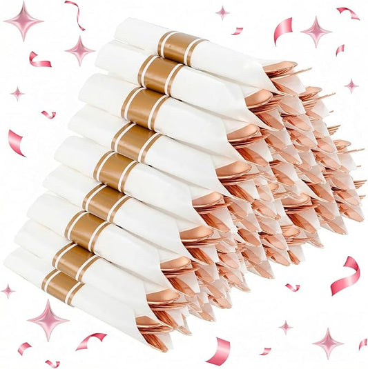 Supernal 240Pcs Rose Gold Plastic Silverware Set with Napkins - Pre Rolled Disposable Cutlery (60 Forks, 60 Knives, 60 Spoons) - Heavy Duty Utensils for Wedding, Bridal Shower & Elegant Parties