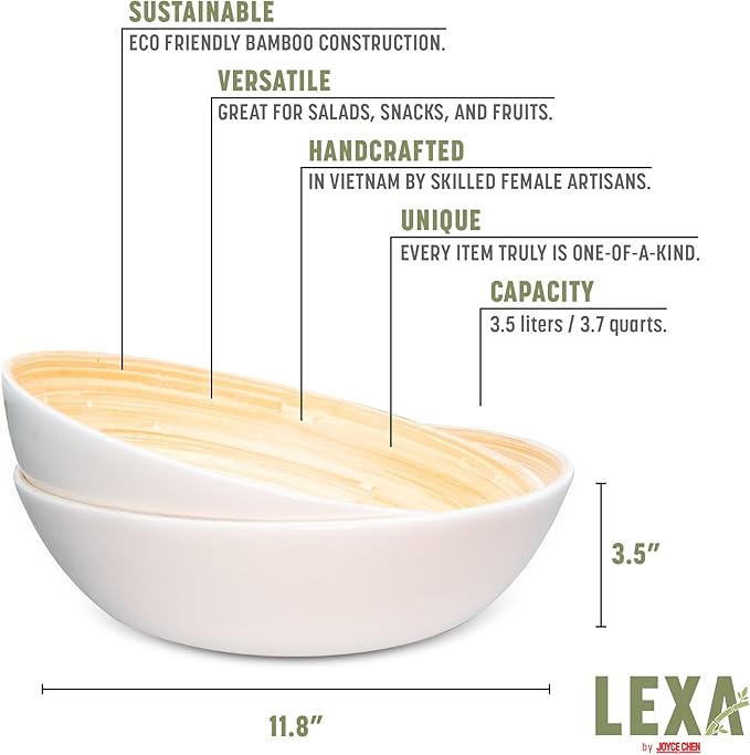 LEXA 12" Handmade Bamboo Salad Bowl – 130 oz Large Wooden Fruit Bowl for Kitchen Counter, White, Pack of 2