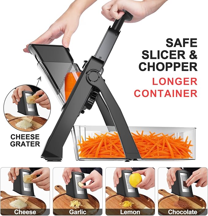 2026 Upgrade Safe Mandoline Slicer S4, Vegetable Chopper, Potato Slicer with Drain Basket Storage Container, Cheese Grater Kitchen Mandolin for Meal Prep (DeepBlack)