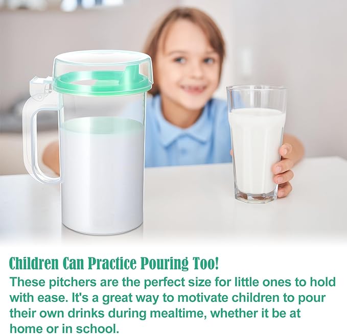 12 Pack Early Learning Kids Easy Pouring Mini Pitchers Clear Plastic Pitcher with Lid and Handle Easy Pour Bottles 16 Oz. Jugs with Lids for Classroom Nursery Home (Light Green)