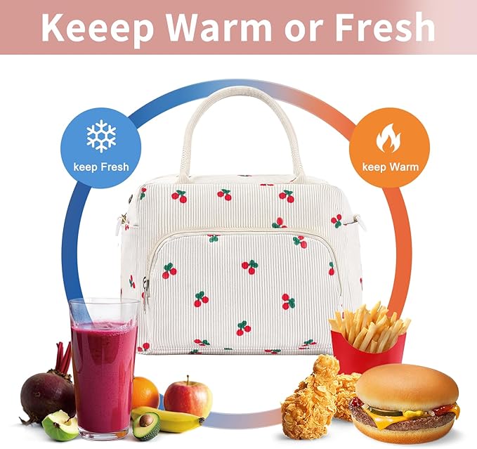 Lunch Box for Women Insulated Lunch Bag Women Adult Cute Lunch Bags Reusable Lunchbox Cooler Tote Bag for Work Picnic (Beige-Cherry)