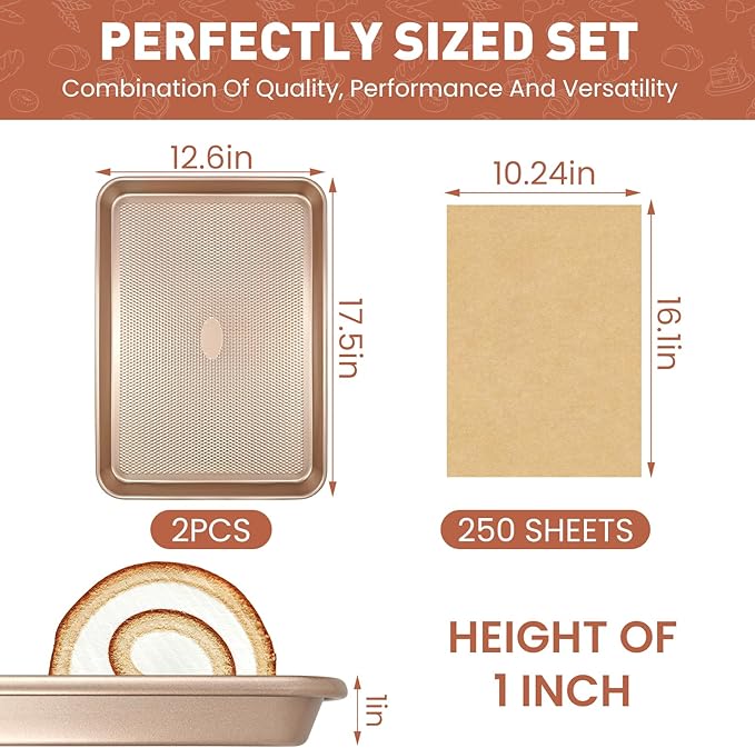 Baking Set, 2 Piece 17'' Baking Sheet Set and 250 Parchment Combo, Non-Stick Cookie Sheet with Baking Parchment, Heavy Duty & Warp Resistant Baking Tools, No Rust Large Baking Pan