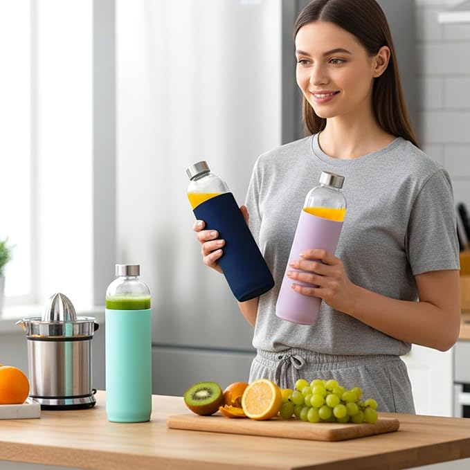 32 oz Glass Juice Bottles with Lids and Silicone Sleeve, Reusable Refillable Water Bottles for Juicing, Refrigerator,100% Leak Proof, BPA Free, Clear Glass Set of 3