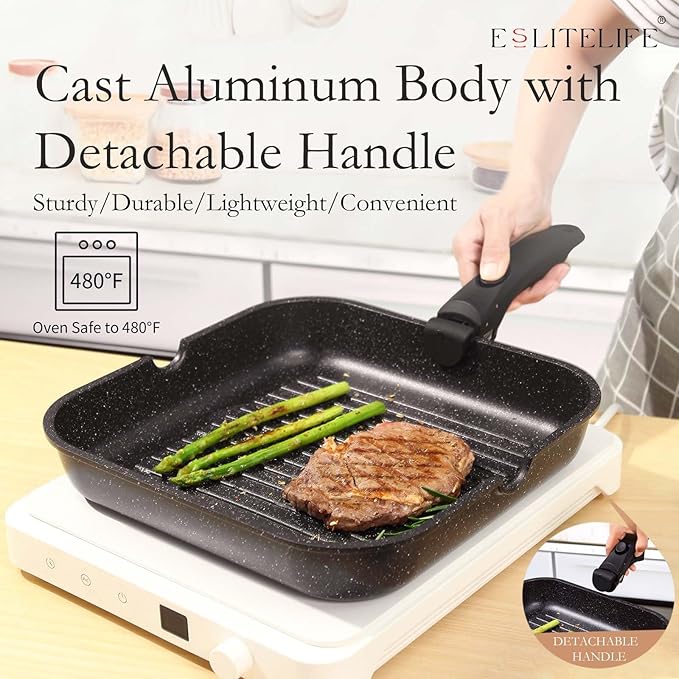 ESLITE LIFE Nonstick Grill Pan with Detachable Handle, Versatile Square Skillet for Indoor Cooking & Outdoor Grilling, PFOA Free, Black-11 Inch