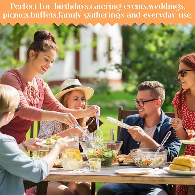 22 Pcs 32 oz Clear Plastic Serving Salad Bowl with 9'' Plastic Serving Spoons Forks and Tongs Disposable Utensils for Weddings Catering Birthday Party Supplies
