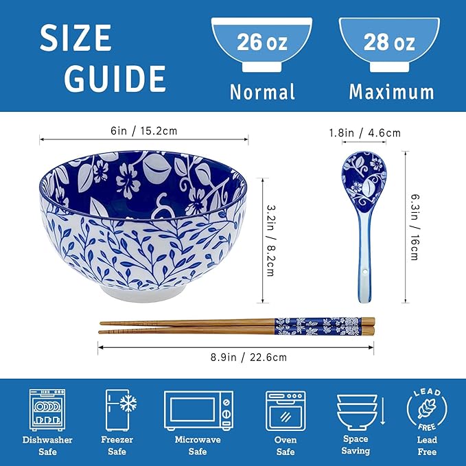 Japanese 28 Oz Ceramic Ramen Noodle Soup Cereal Pho Rice Salad Bowl Set with Chopsticks and Spoons, Premium Gift Set for House Warming, Birthday, Holiday, Microwave Safe, Dishwasher Safe
