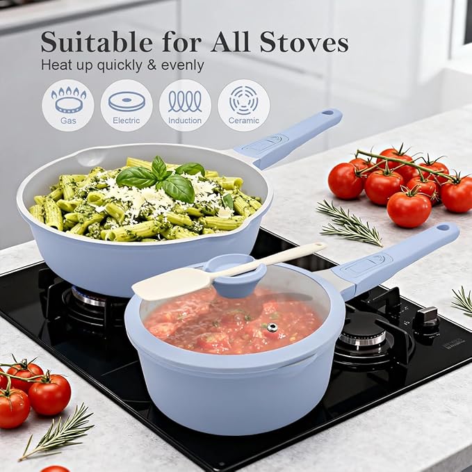 Nonstick Sauce Pan with Lid, 2.5 Qt Ceramic Saucepan with Lid, Non Stick Sauce Pan, Milk Pot&Sauce Pot&Saucepan with Pour Spout, Detachable Handle Milk Pan, Induction Compatible, Oven Safe