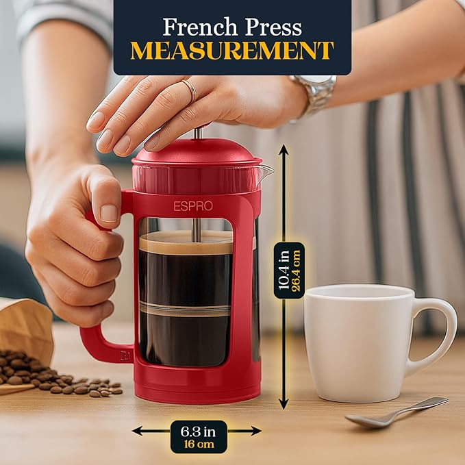 ESPRO P3 French Press Coffee Maker – Patented Double Micro-Filter for Grit-Free Brew, Heat Resistant thicker Borosilicate Glass Coffee press – (Red 32 oz)