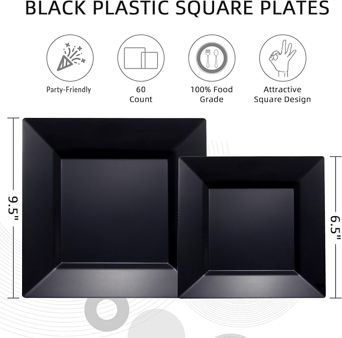 N9R 60PCS Black Plastic Plates Square, 30 Dinner & 30 Dessert Plates Heavy Duty, Fancy Disposable Plates for Party, Wedding and other Events