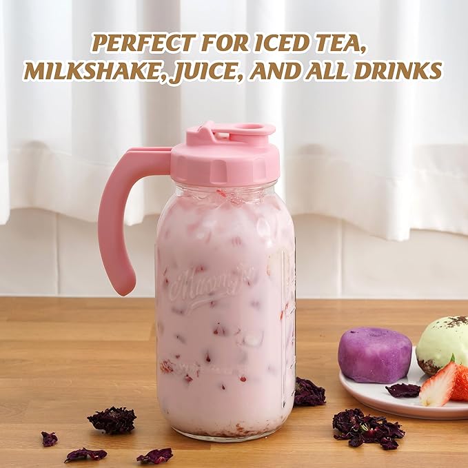 Soligt Glass Mason Jar Pitcher with Lid, Wide Mouth Flip Cap Pour Spout Leak-proof Lid with Handle, 64 oz (2 Quart / 1.9 Liter), for Iced Coffee/Sun Tea Juice/Cold Brew Coffee/Milk (1Pack, Taffy Pink)