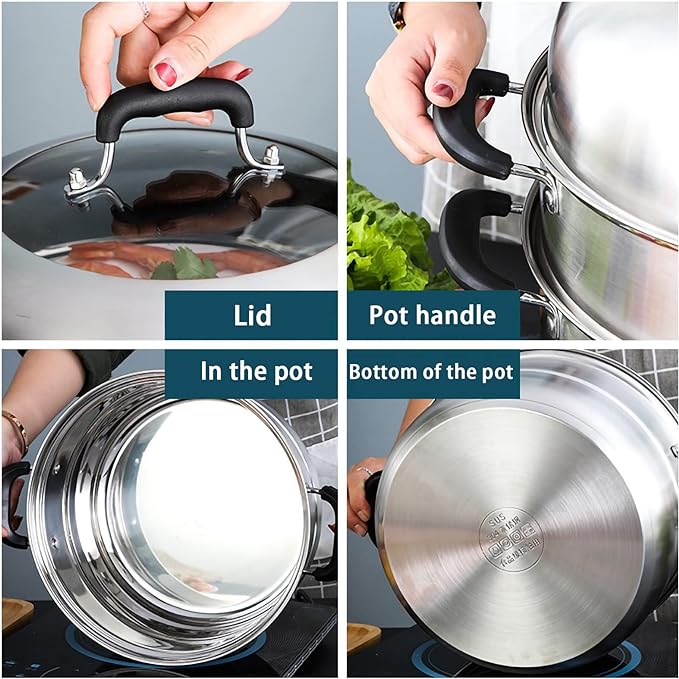 MANO Steamer Pot for Cooking 11 inch Steam Pots with Lid 2-tier Multipurpose Stainless Steel Steaming Pot Cookware with Handle for Vegetable, Dumpling, Stock, Sauce, Food