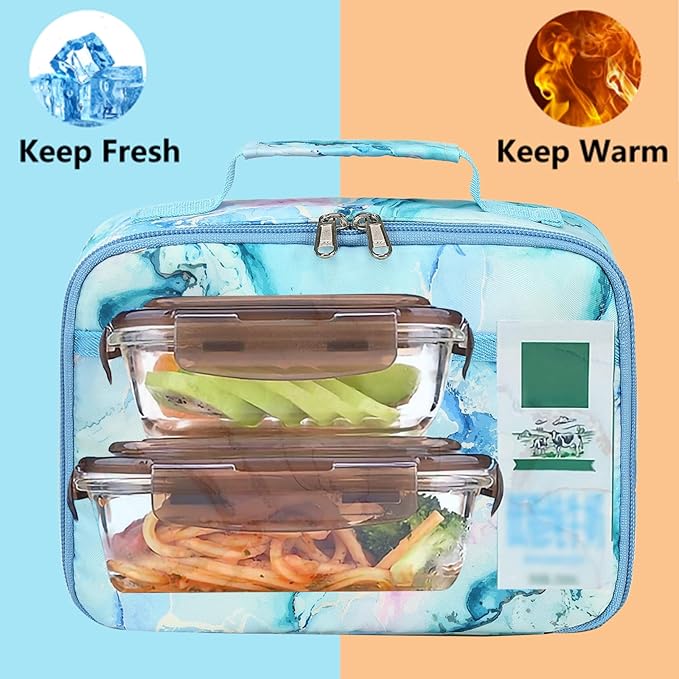 LEDAOU Lunch Bag Kids Insulated Lunch Box Girls Toddler Reusable LunchBox for School Picnic Hiking (Marble Blue)