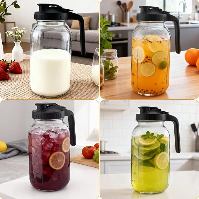 3 Pack 64oz Mason Jar Pitcher with Lid – Wide Mouth, Leakproof Glass Water Jug, Breast Milk Pitcher for Juice, Milk, Tea, Cold Brew Coffee（2 black &1 gary）
