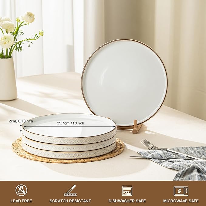 Dinner Salad Plates Set of 4, 10 Inch Salad Plates with Embossments, Dessert, Salad, Appetizer, Dinner Plate, Microwave, Dishwasher Safe,Scratch Resistant