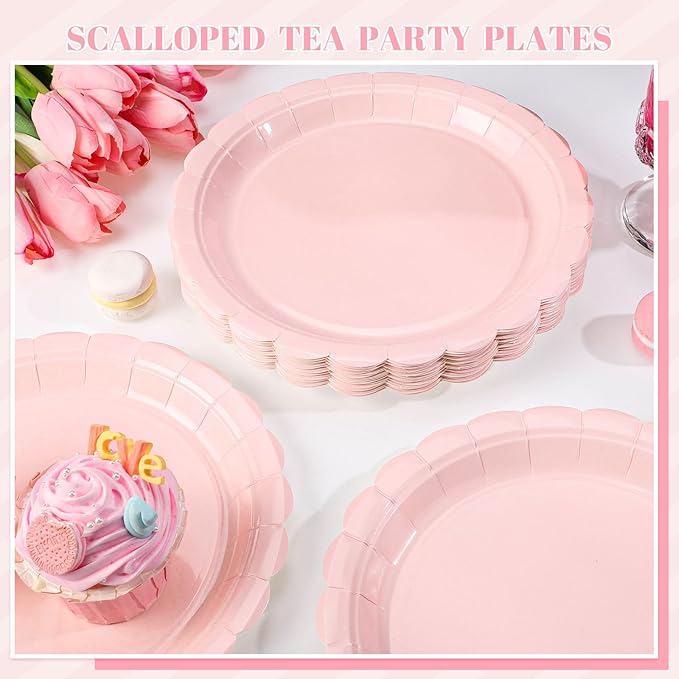 30 Pcs Pink Paper Plates 9 Inch Scalloped Pink Party Plates Cute Birthday Dessert Cake Plate for Easter, Baby Bridal Shower, Wedding, Mothers Day