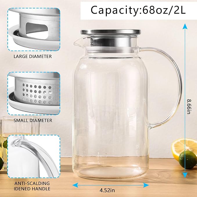 2Pack 68 oz Glass Pitcher With Lid. Glass Carafe for Hot/Cold Water. 0.5 Gallon Pitcher for Fridge. Water Jugs for Cold Brew Coffee, Iced Tea, Milk, Sun Tea Jar