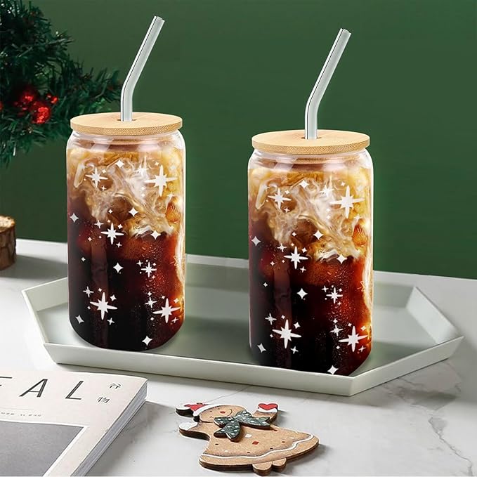 Glass Cups with Lids and Straws 2 Pack, Mason Jar Drinking Glass 16oz, Cute Preppy Iced Coffee Tumbler with Bamboo Lids & Straws, Aesthetic Stars Party & Gift Set