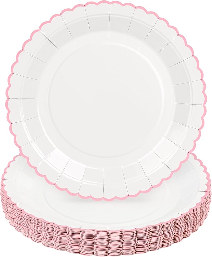 30 Pcs Pink and White Paper Plates, 9 Inch White Party Plates, Pink Scalloped Dinner Paper Plates Wedding Plates Party Supplies for Baby Girl Shower, Wedding, Mother's Day, Birthday, Easter Party