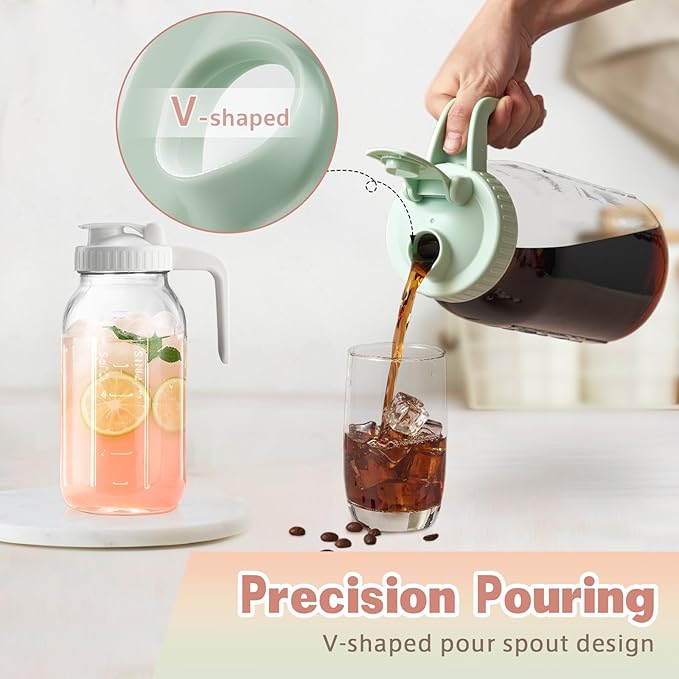 Mason Jar with Pour Spout Lid V-shaped, 2 Quart Iced Tea Pitcher Double Leak Proof, 64 oz Drink Pitcher for Breastmilk, Sun Tea, Juice, Coffee Creamer, Formula Pitcher