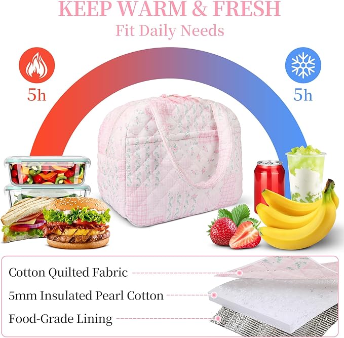 Quilted Lunch Box for Women,Coquette Aesthetic Lunch Box for Teen Girls,Cute Pink Floral Patchwork Lunch Bags for Work, School,Office,Picnic,Travel (pink floral pin)
