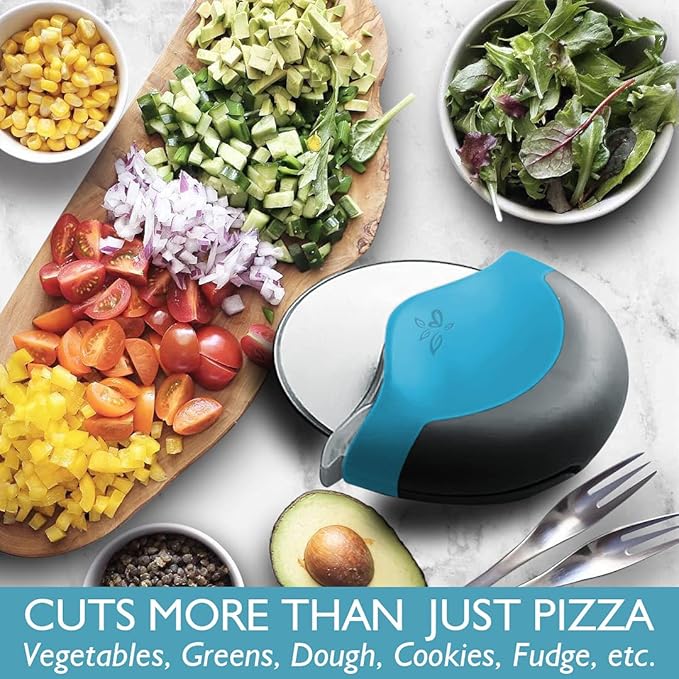 Blue Pizza Cutter Wheel with Protective Blade Cover, improved, Super Sharp, Easy To Use and Clean, Slicer, Ergonomic Rubberized Grip, heavy dutty, Stainless Steel, Dishwater Safe