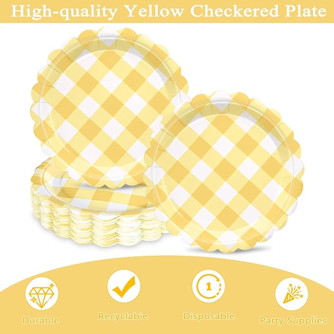 48 Pcs 7" Yellow Gingham Paper Plates Light Yellow & White Scalloped Checkered Party Plates, Pastel Plaid Dessert Table Supplies for BBQ Gathering Picnic Baby Shower Birthday Dinner Party Tableware