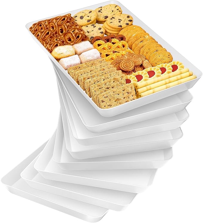 8-Pack Serving Tray Set, Reusable Plastic Serving Platter for Party Supplies, Entertaining, Grilling Accessories, Stackable Kitchen Snack Box Container for Dessert, Fruit, Cookie, (White)