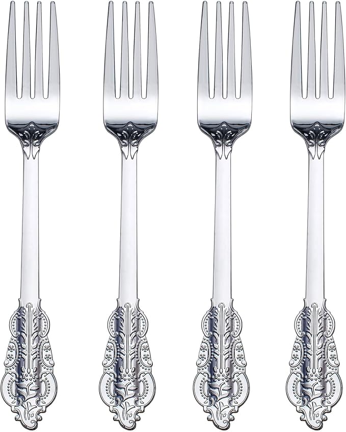 WDF 100 Piece Silver Forks Disposable - 7.48 Inch Silver Plastic Forks - Baroque Silverware for Dessert Cake - Heavy Duty Plastic Fork for Party Wedding or Daily Using Baby Shower Spring