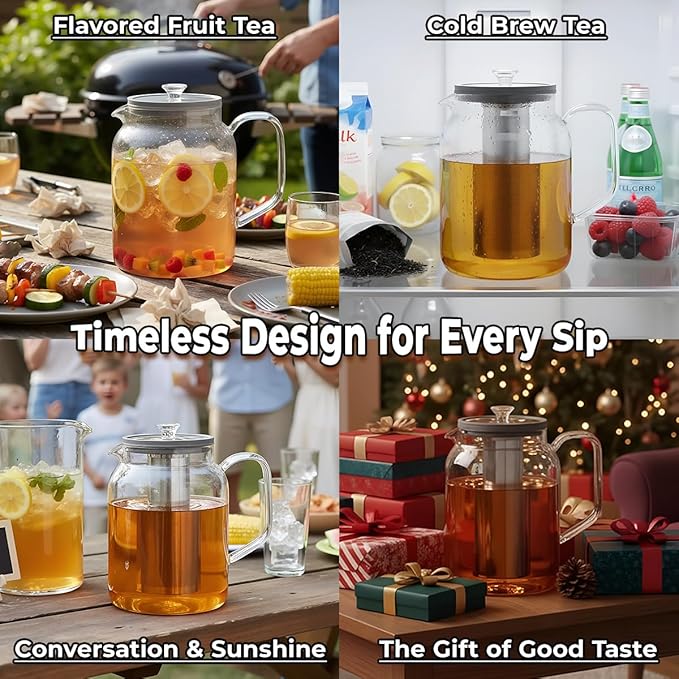 Aquach Glass Teapot with Infusers for Loose Tea, 85 Oz Glass Tea Kettle Dishwasher and Stovetop Safe, Plastic-Free Borosilicate Glass Tea Pot and Stainless Steel Tea Infuser