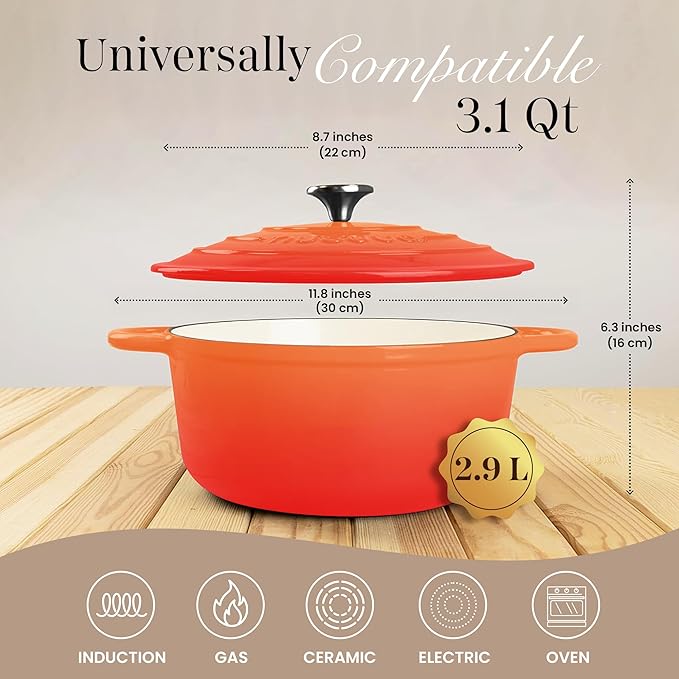 Cast Iron Dutch Oven with Lid – Non-Stick Ovenproof Enamelled Casserole Pot – Sturdy Dutch Oven Cookware – Orange, 3.1-Quart, 22cm – by Nuovva