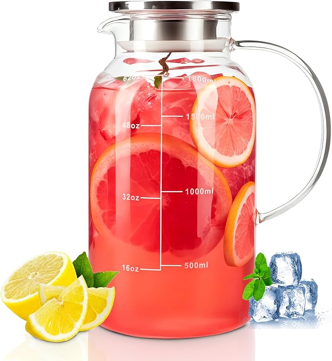 Glass Pitcher with Lid, 1.8Liter 62 oz Glass Carafe for Hot/Cold Water, Tea Pitcher with Scale, Suitable for Coffee, Juice and Homemade Drinks