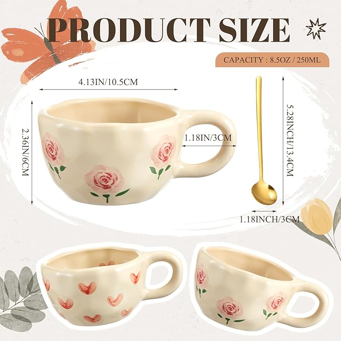 Vesici 2 Pcs Ceramic Coffee Mugs with Spoon, Vintage Floral Spring Mugs with Handle, 8.5 oz Aesthetic Flower Porcelain Tea Cup Set, Dishwasher & Microwave Safe for Home Office Gift(Heart,Rose)