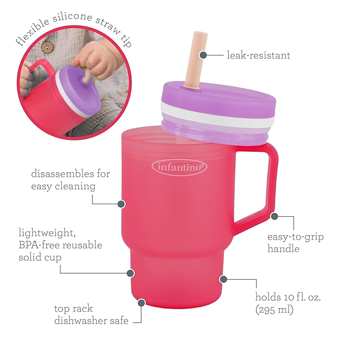 Infantino My 1st Tumbler, Durable Plastic Sippy Cup with Straw & Handle, Spill-Resistant, for On-The-Go, BPA-Free Transition Baby Cup, Hibiscus (Pack of 2)