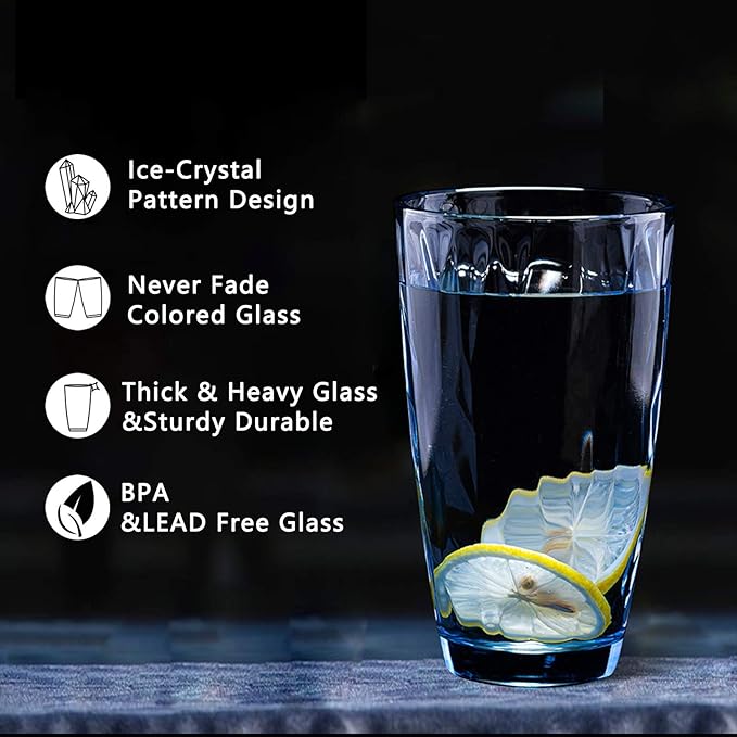 CREATIVELAND Highball Glass Tumbler Light Blue Set of 6, for Water,Cocktail,Juice,Beer,Iced Coffee,Clear Blue Glassware for Bar Kitchen,Thick & Heavy Glass Drinking Glasses with Heavy Base 16oz/450ML