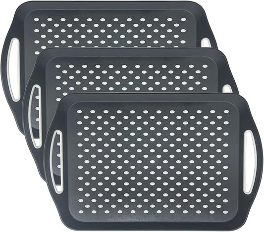 Non-Slip Serving Tray with Handles, 17.7" x 12.4" Large Food Tray Serving Platter (Gray, 3 Pack)