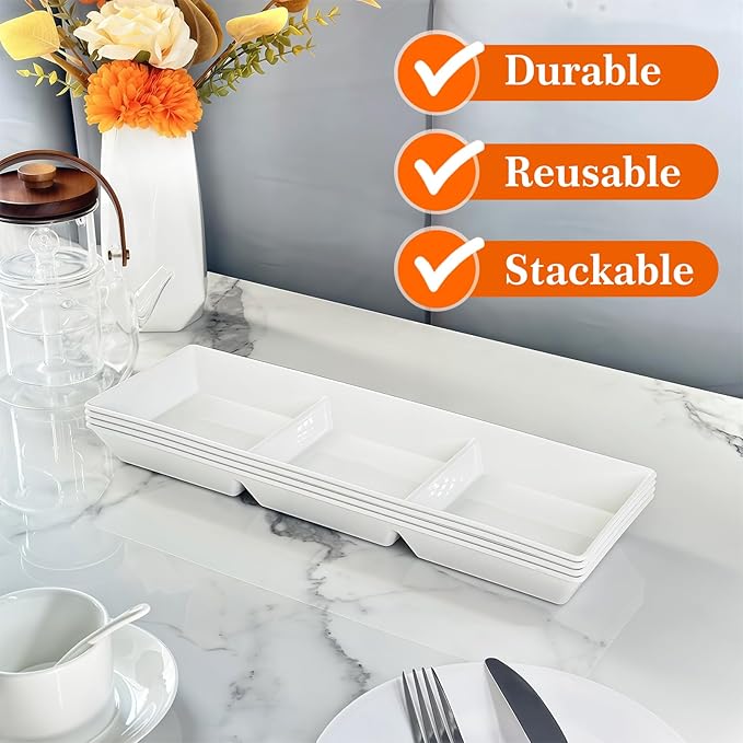 Divided Serving Tray Platter, 6 Pack 15" x 5" Fruit Veggie Food Tray for Party, Plastic Serving Trays for Appetizer, Snack, Dessert, Cookie, Brunch Decorations Platters, White Trays BPA-Free