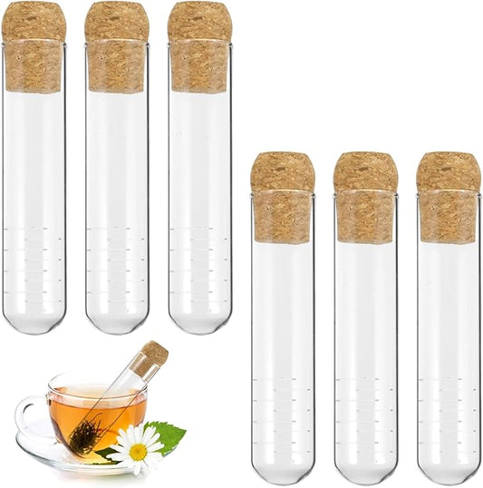 6 Pcs Glass Tea Infusers for Loose Tea, Transparent Glass Loose Leaf Tea Steeper,Reusable Loose Long Leaf Tea Infuser, Tea Organizer Set, Stylish Cork Lid Design with Measuring Marks